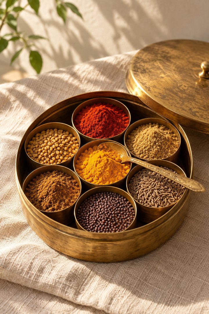 An open brass masala dabba of turmeric, red chilli, coriander, cumin and mustard seeds on linen