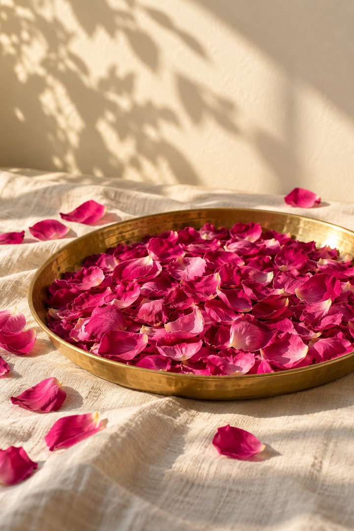 Fresh rose petals on a brass plate in warm sunlight