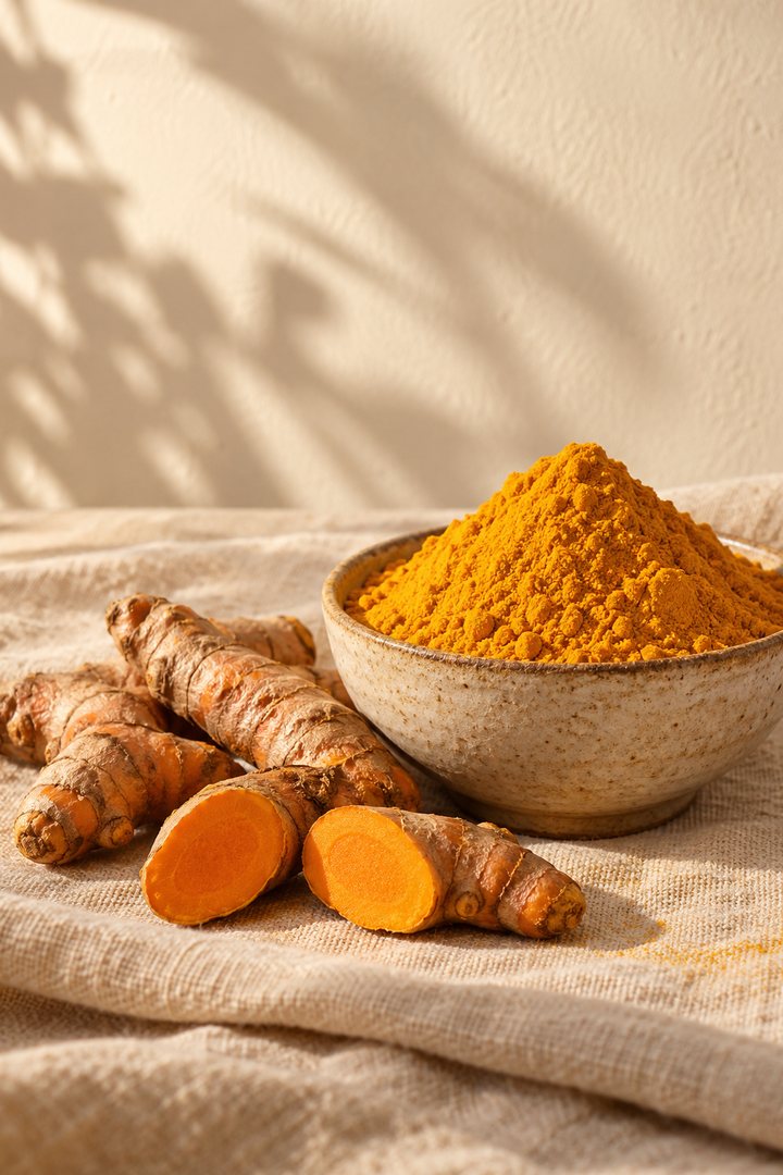 Fresh turmeric roots, two sliced open, beside a bowl of golden turmeric powder on linen