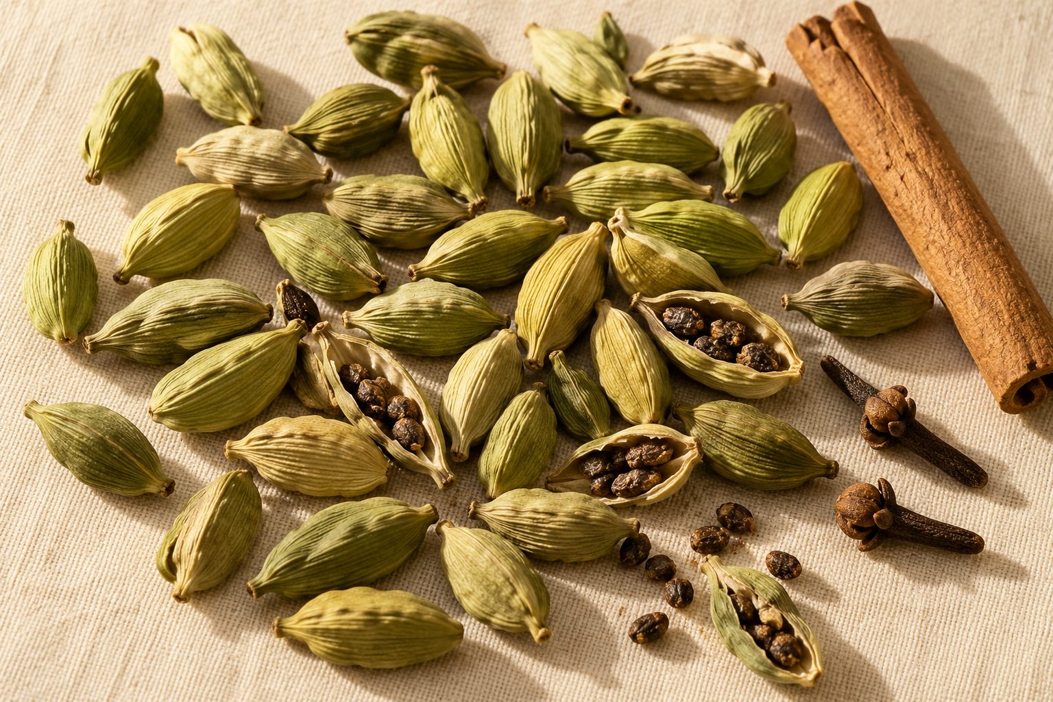 Green cardamom pods, cloves and a stick of cinnamon