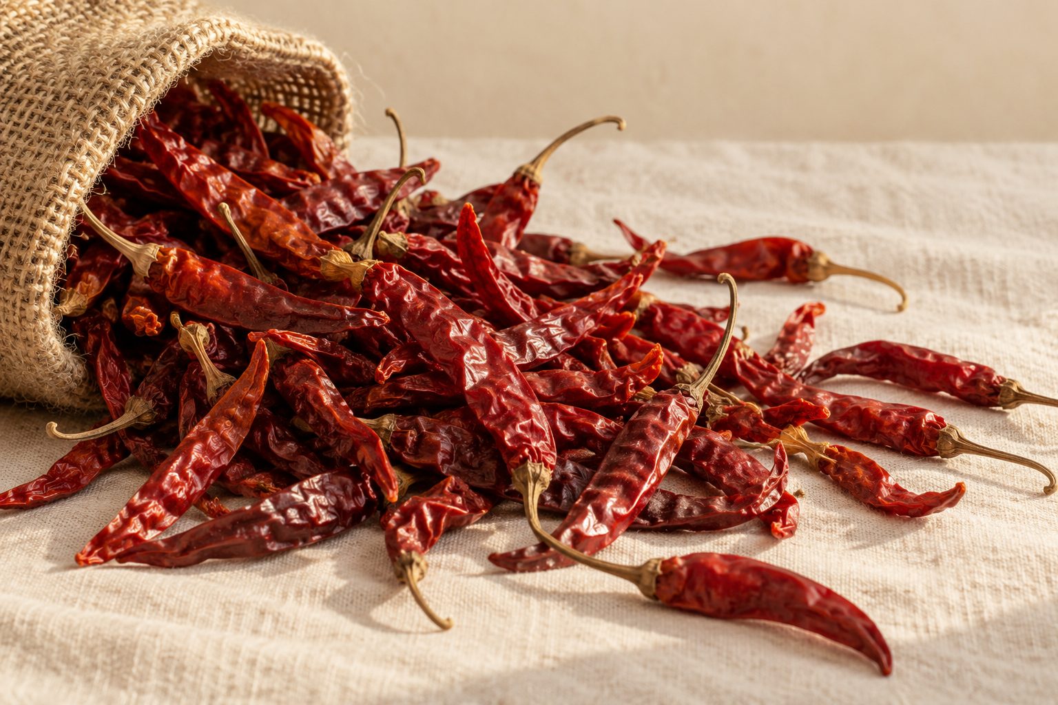Whole dried red chillies spilling from a jute sack