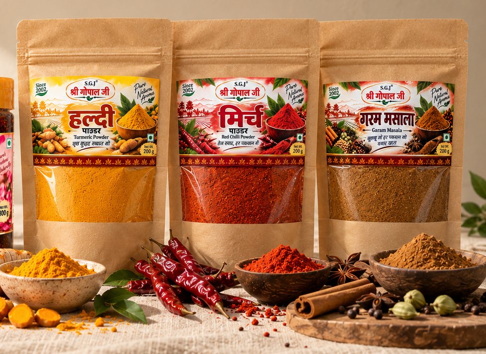 Shri Gopal Ji kraft pouches of turmeric, red chilli and garam masala with bowls of each spice