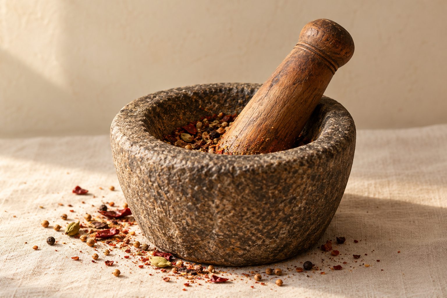 A stone mortar and wooden pestle with freshly crushed spices