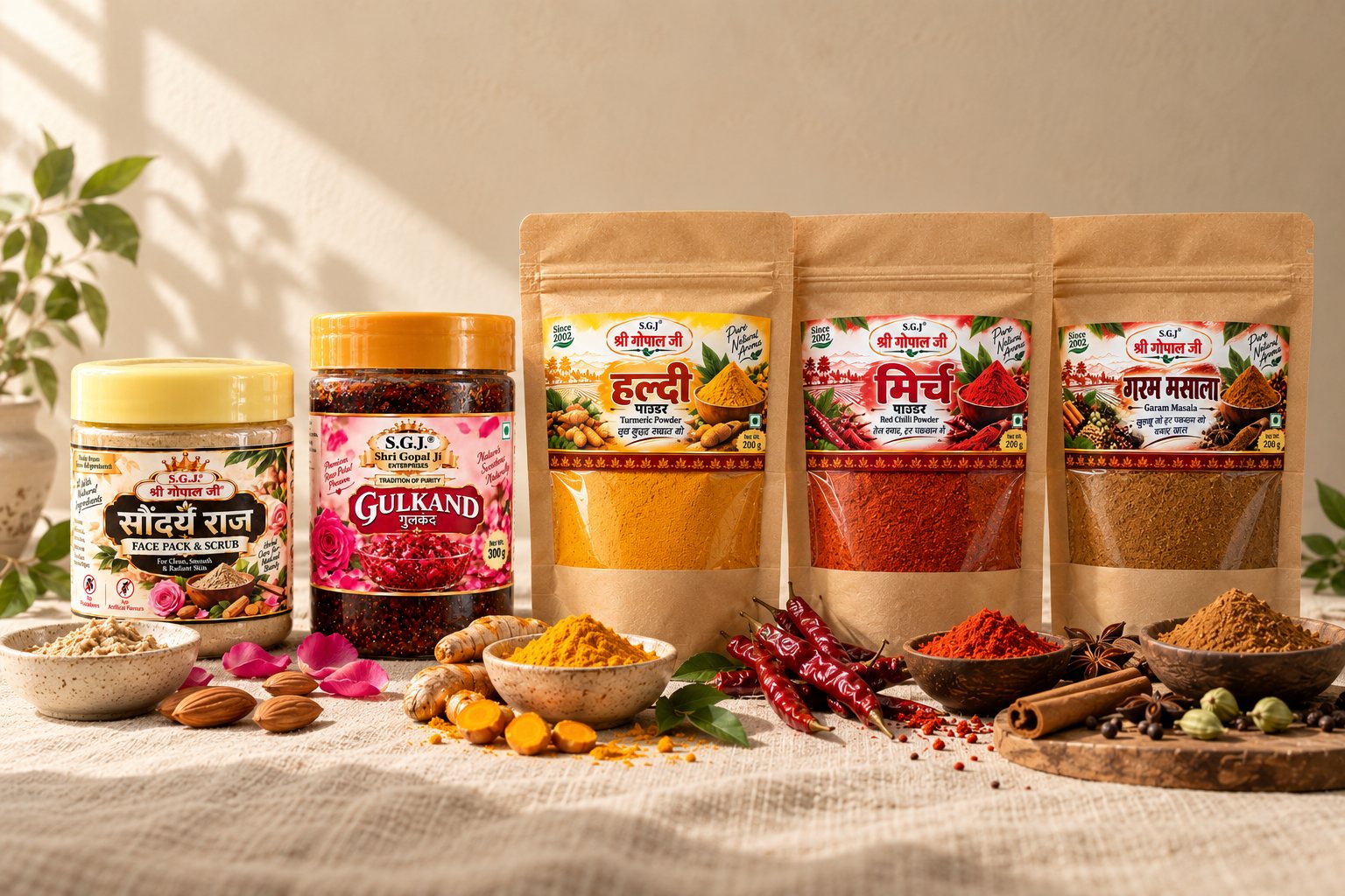The Shri Gopal Ji range on linen: Saundarya Raj face pack, gulkand, and kraft pouches of haldi, mirch and garam masala with bowls of each spice