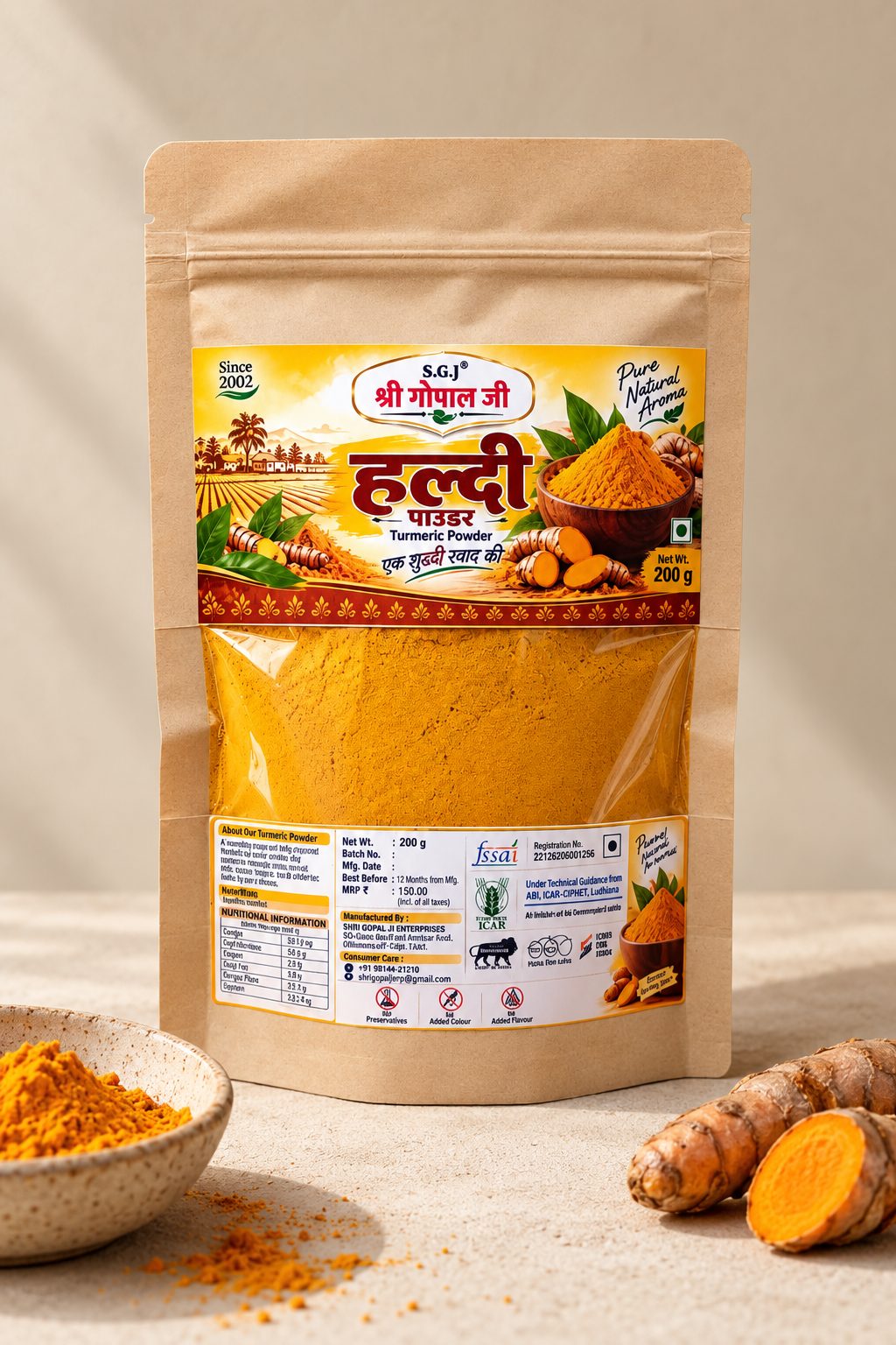 Shri Gopal Ji turmeric powder pouch with fresh turmeric root