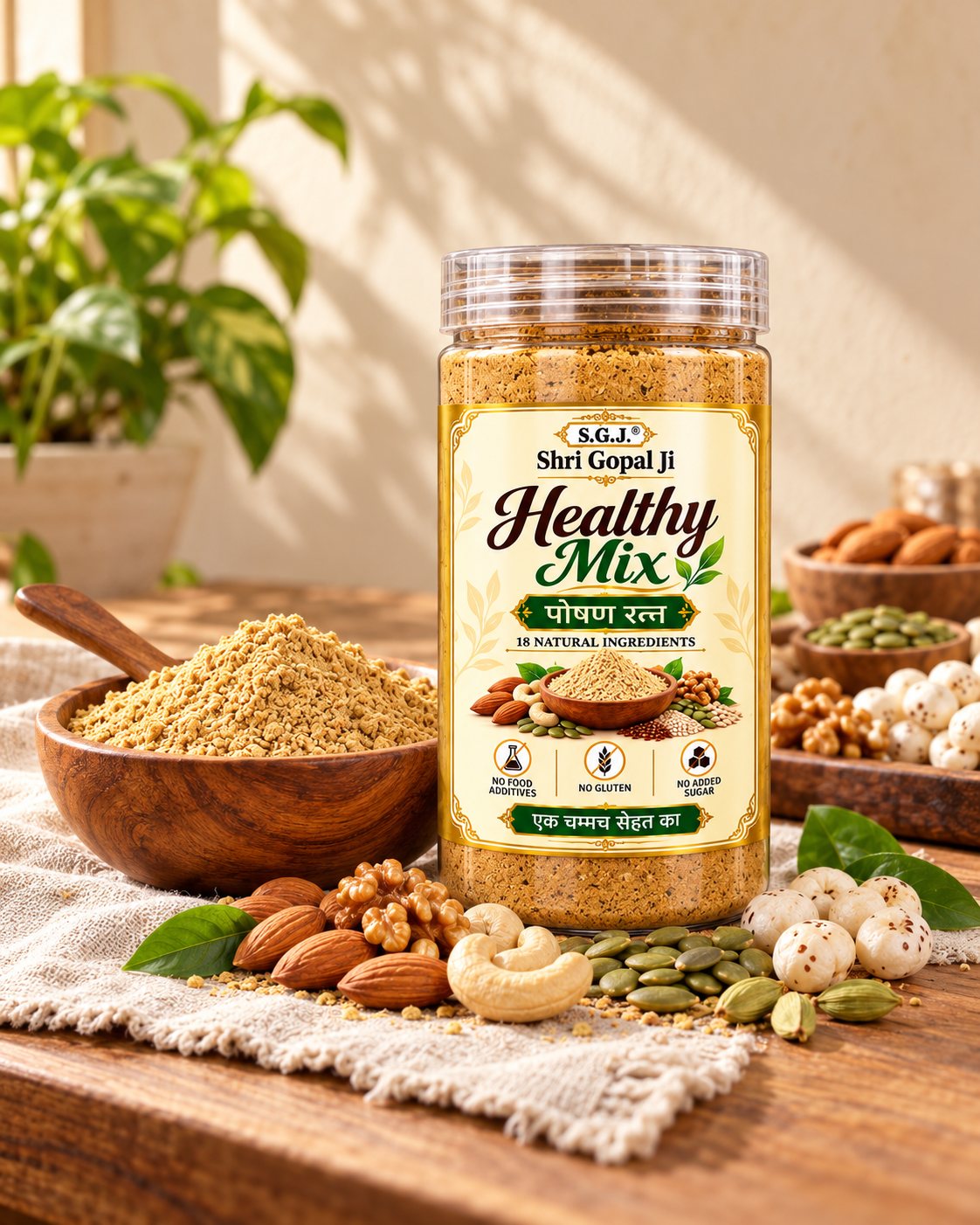 A jar of Shri Gopal Ji Healthy Mix, पोषण रत्न, on linen beside a wooden bowl of the powder, with almonds, walnuts, cashews, makhana and pumpkin seeds