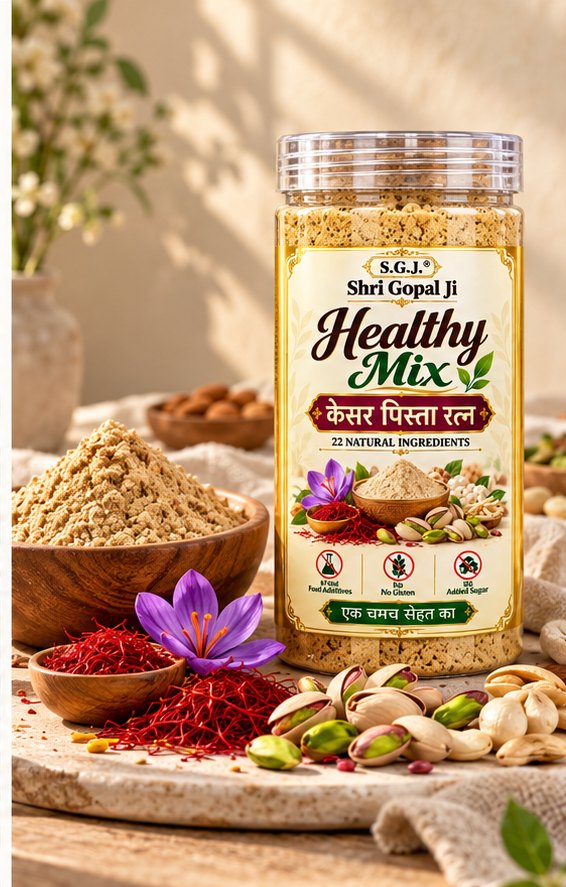 Shri Gopal Ji Healthy Mix Kesar Pista Ratan label, 22 natural ingredients