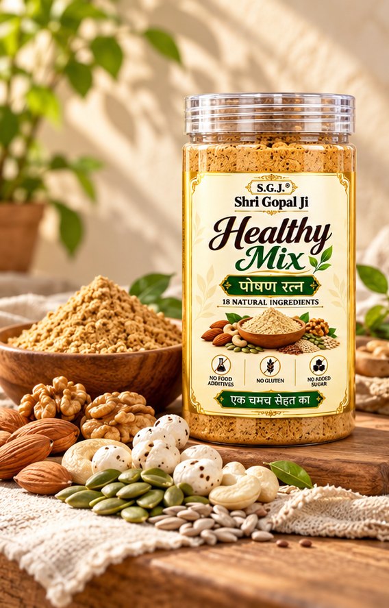 Shri Gopal Ji Healthy Mix Poshan Ratan label, 18 natural ingredients