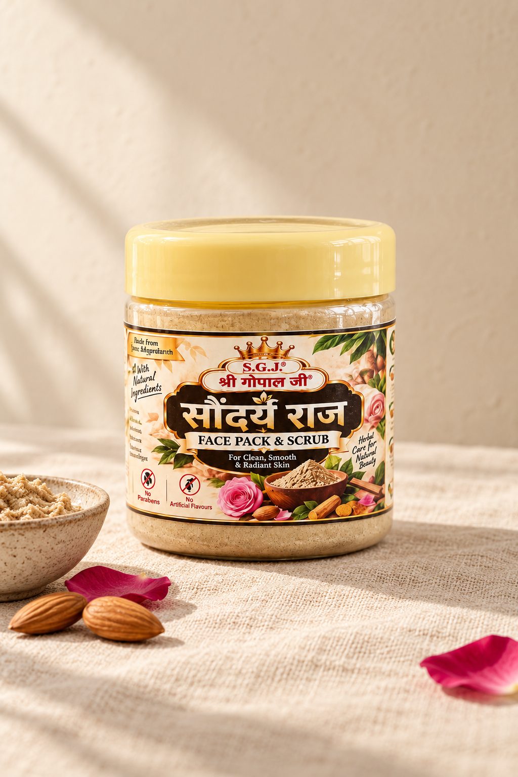 Saundarya Raj herbal face pack and scrub jar on linen